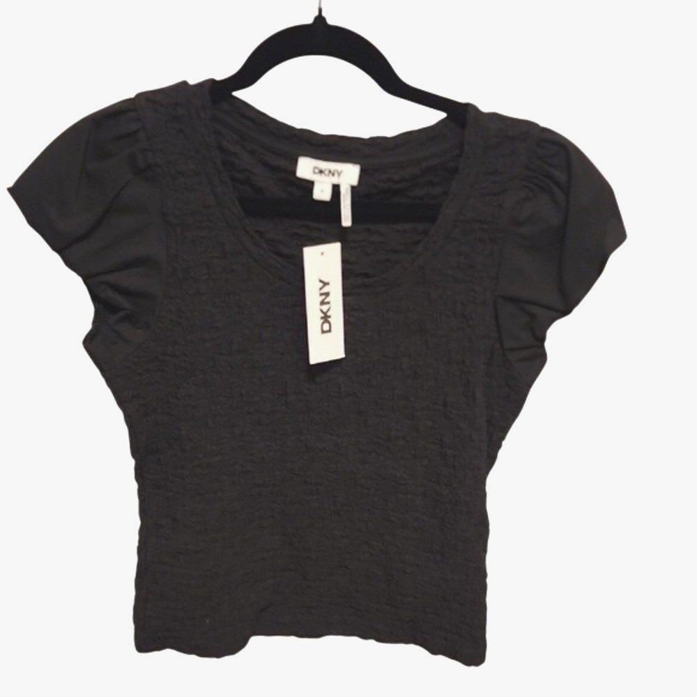 5 for $20 DKNY Textured Puff‎ Sleeve Top XL Black Smocked Feminine Office Wear
